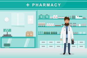 pharmacy with doctor in counter. drugstore cartoon character vector