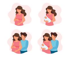 Embarazo y paternidad concepto ilustraciones - diferentes escenas con una mujer embarazada, una mujer sosteniendo a un bebé recién nacido, una pareja embarazada, padres con un bebé. Ilustración del vector en estilo de dibujos animados.