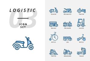 Paquete de iconos para logística, camión rápido, compra, tiempo de entrega, carretilla elevadora, contenedor, embalaje, contenedor, barco, cartero, transporte aéreo, mensajero de bicicleta, seguimiento. vector