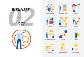 Icon pack for business and strategy, Business goal, business plan, target, analyst, strong vision, graph, communication, support, leader, creative, smart money, loan money. vector