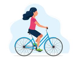 Mujer que monta una bicicleta, ilustración del concepto de estilo de vida saludable, deporte, ciclismo, actividades al aire libre. Ilustración vectorial en estilo plano vector
