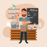 Hombre barista con máquina y accesorios en una cafetería. vector