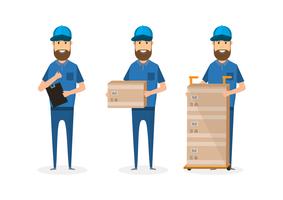 set of delivery man with cardboard box vector