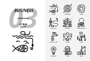 Icon pack for business and strategy, Fishing, entrance, vision, road map, growth, business idea, money flow, choice cess, creation time, graph. vector