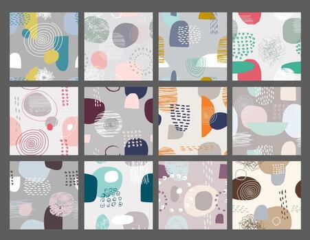 Vector set of seamless patterns with brush strokes in memphis style.