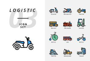 Paquete de iconos para logística, camión rápido, compra, tiempo de entrega, carretilla elevadora, contenedor, embalaje, contenedor, barco, cartero, transporte aéreo, mensajero de bicicleta, seguimiento. vector