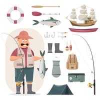 Fisherman character holding a big fish and a fishing rod include set of fishing object. vector