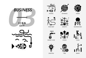 Icon pack for business and strategy, Fishing, entrance, vision, road map, growth, business idea, money flow, choice cess, creation time, graph. vector