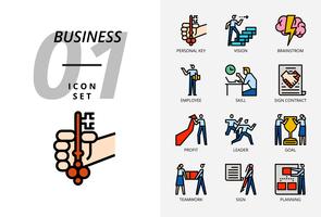 Paquete de iconos para negocios y estrategia, clave personal, visión, tormenta de ideas, empleado, habilidad, contrato de firma, ganancia, líder, objetivo, trabajo en equipo, señal, planificación. vector