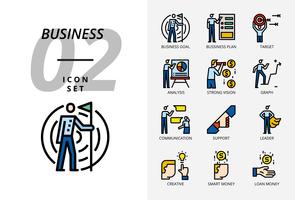 Icon pack for business and strategy, Business goal, business plan, target, analyst, strong vision, graph, communication, support, leader, creative, smart money, loan money. vector