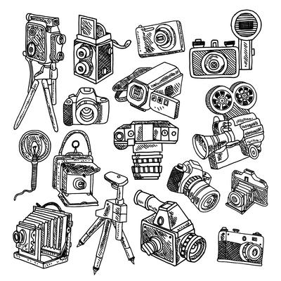 Camera doodle sketch icons set