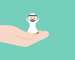 Happy Cute arab business man in god hand, business situation concept vector