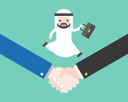 Cute arab business man holding briefcase running on shake hand, business situation deal success or cooperation concept vector