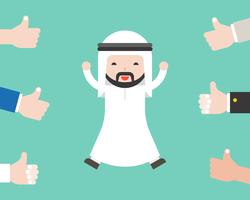 Cute arab business man happy because people thumbs up on him, business situation success concept or positive feedback from social concept