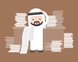 Cute arab business man stress in work place and pile of document , too much workload business situation concept vector