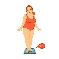 Woman on weight scales unhappy vector