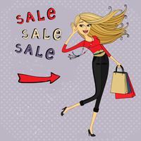 Fashion sale ad, shopping girl with bags