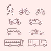 Iconos de transporte de peatones, bicicletas, scooters, taxis, autobuses. vector