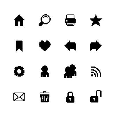 Black pixel icons set for navigation