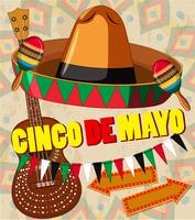 Plantilla de tarjeta de cinco de mayo sombrero y guitarra vector