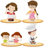 People and different food on tables vector