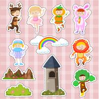 Sticker design with kids in costume and stage scenes vector