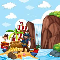 Scene with pirate and treasure chest by the waterfall vector