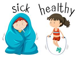 Wordcard opuesto para la palabra enfermo y saludable