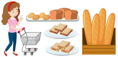 Woman with shopping cart and bread vector