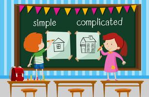 Opposite word with kids drawing simple and complicated houses vector