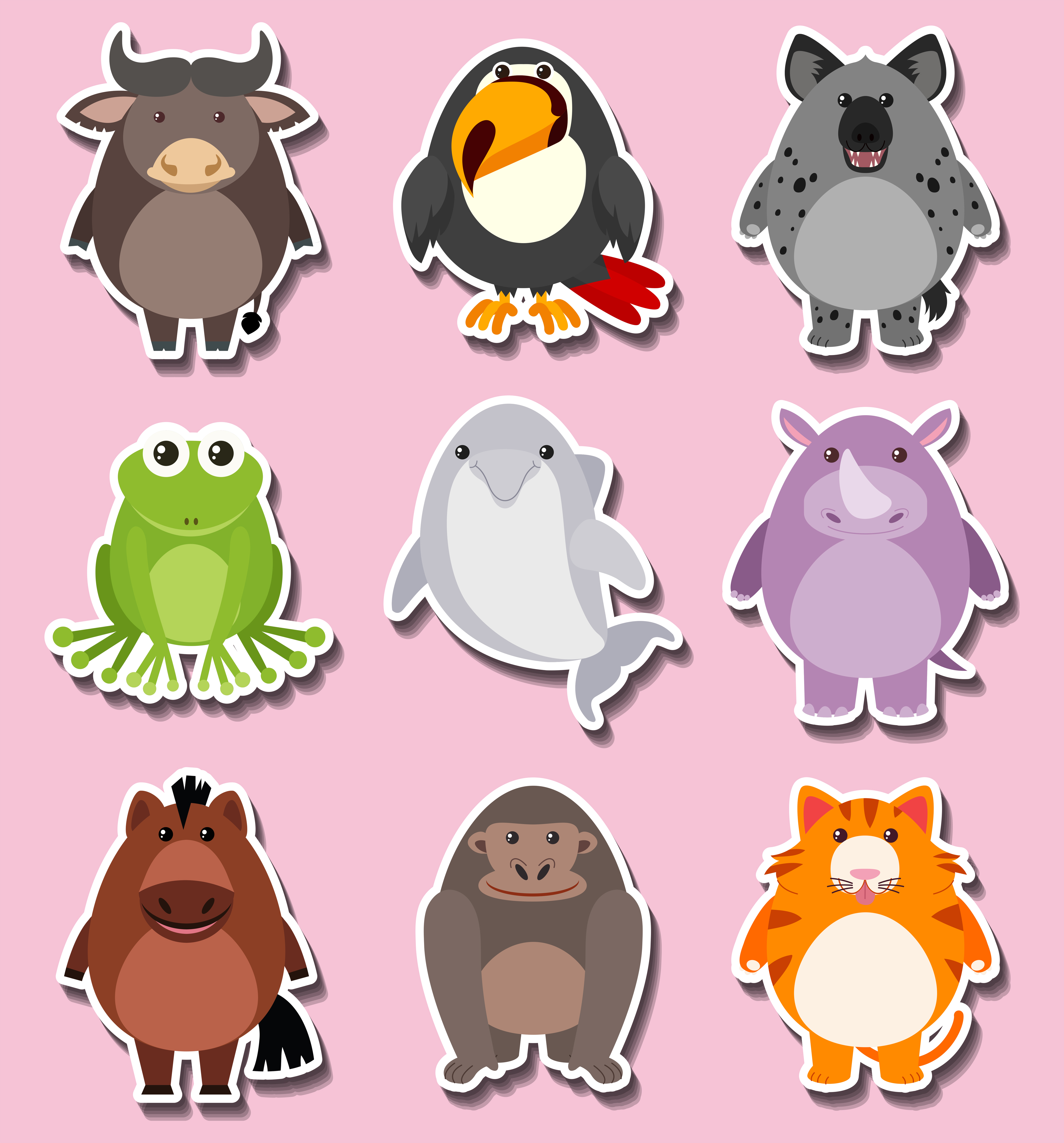 Sticker Design With Cute Animal Characters Download Free Vectors