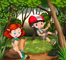 Boy and girl hiking in the woods vector