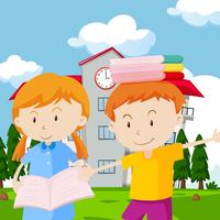 Two kids with books at school vector