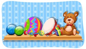 Balls and other toys on the shelf vector