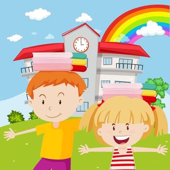 Boy and girl with books on their heads vector