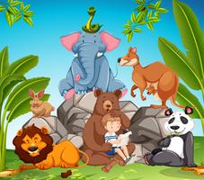 Little boy and many wild animals vector