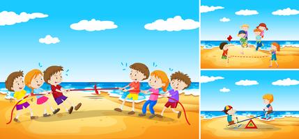 Niños jugando juegos en la playa. vector