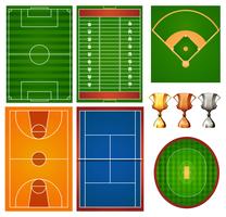 Diferentes canchas deportivas y trofeo. vector