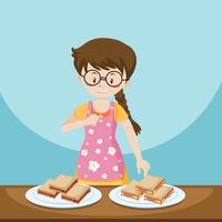 Girl and two plates of sandwiches vector