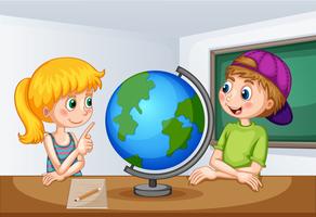 Niño y niña, estudiar, geografía vector