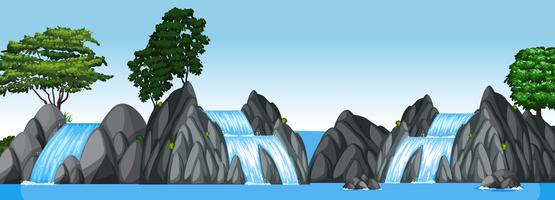 Three small waterfalls and big lake vector