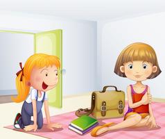 The two girls inside a room with books vector