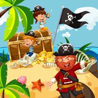 Pirate and kids with treasure chest on island vector