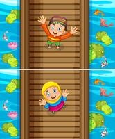 Two scenes of muslim boy and girl on the bridge vector