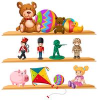  Cute toys on wooden shelves vector