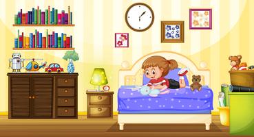 Little girl playing with doll in bedroom vector