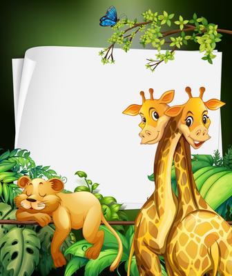 Border deisgn with giraffes and lion in the woods