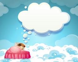Chica durmiendo en la cama con fondo de nubes vector