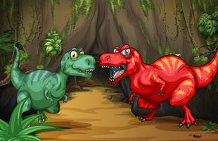 Two dinosaurs by the cave vector