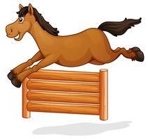 Un caballo salta sobre una valla de madera. vector